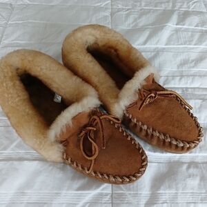 Cozy Brown L.L. Bean Shearling Moccasin Slippers